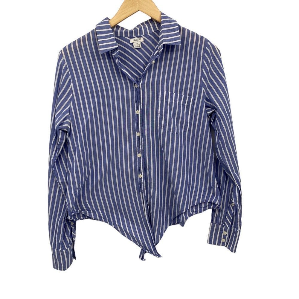 J. Crew Blue and White Striped Button-Up Tie Hem Blouse